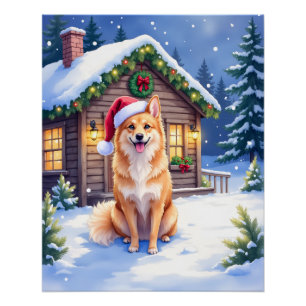 Finnischer Spitz Schneehütte Weihnachtsmannmütze W Poster