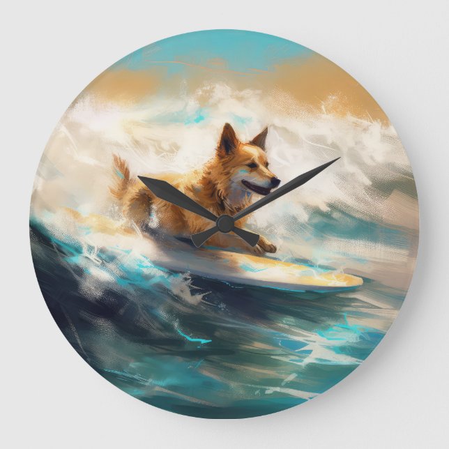 Finnisches Lapphund Beach Surfainting Große Wanduhr (Vorderseite)