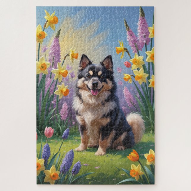 Finnisches Lapphund Hund Frühlingsblumen Malerei (Vertikal)