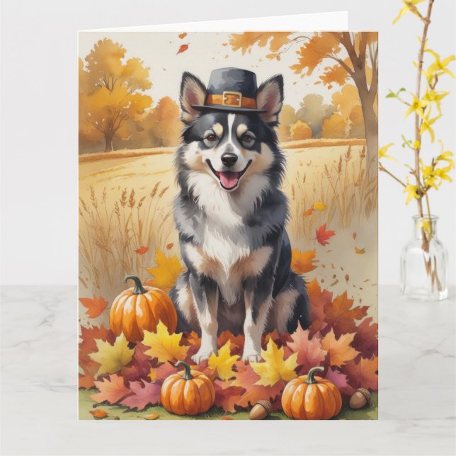 Finnisches Lapphund im Herbst lässt Erntedank Kuns Karte (Gelbe Blume)