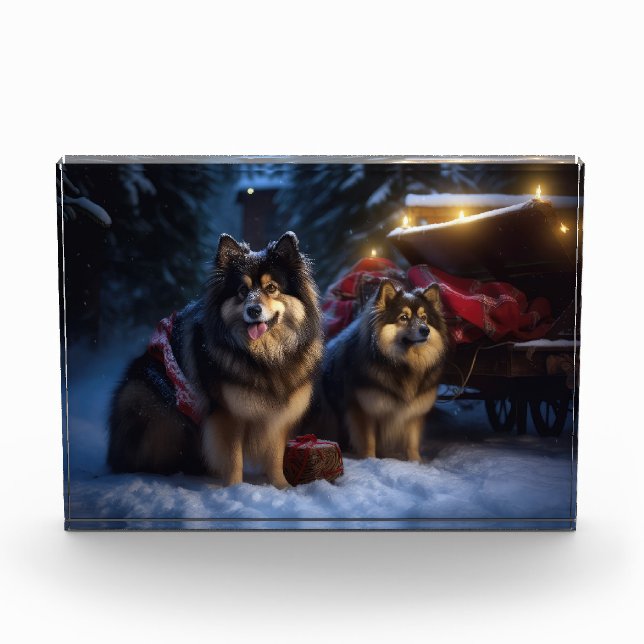 Finnisches Lapphund Snowy Sleigh Weihnachtsdekor Fotoblock (Vorderseite)