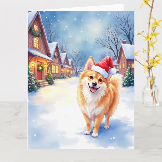 Finnish Lapphund Snowy Village Santa Hat Christmas Karte (Gelbe Blume)
