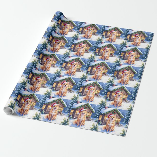 Finnish Spitz Snowy Cabin Santa Hat Christmas Art Geschenkpapier (Ungerollt)