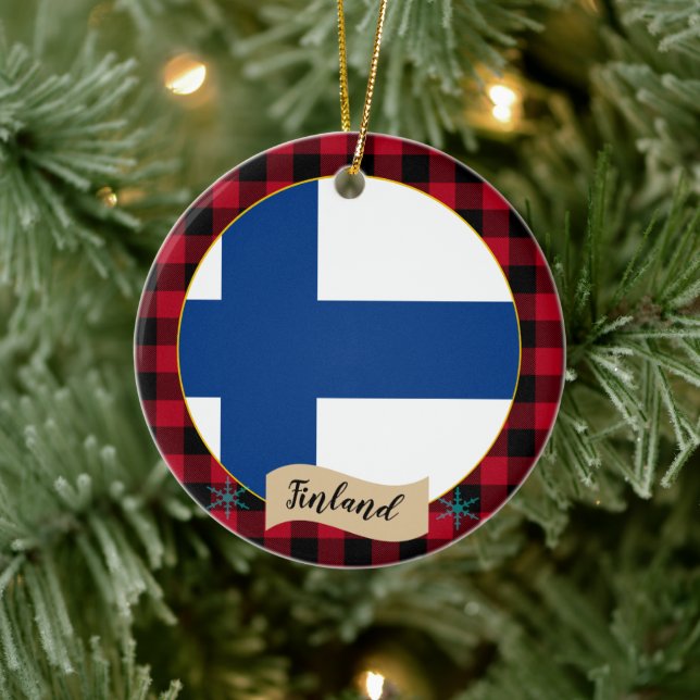Finnland, Roter Büffel, karierte und finnische Fla Keramik Ornament (Baum)