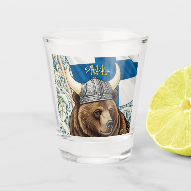 Finnland Schnapsglas, Flaggenkunst, Monogramm Wiki Schnapsglas (Vorderseite)