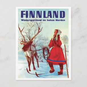 Finnland Schnee, Frau auf Ski mit Reh, Vintag Postkarte