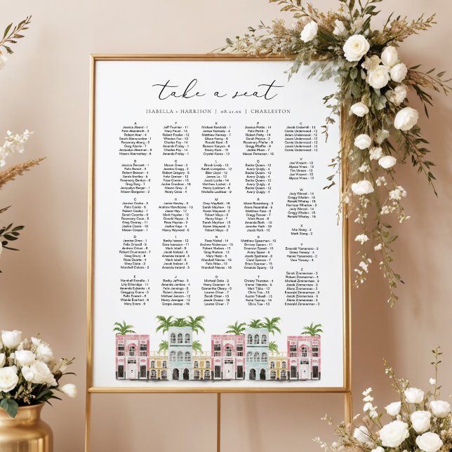 FIONA Charleston SC Rainbow Row Chart Poster (Charleston Inspired Rainbow Row Wedding Seating Chart Alphabetical )