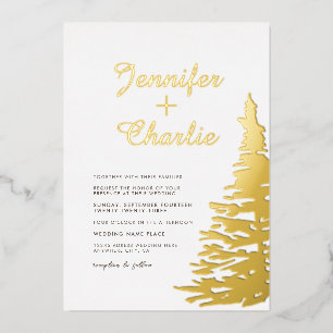 Fir Tree Minimalistisch Modern White Gold Hochzeit Folieneinladung