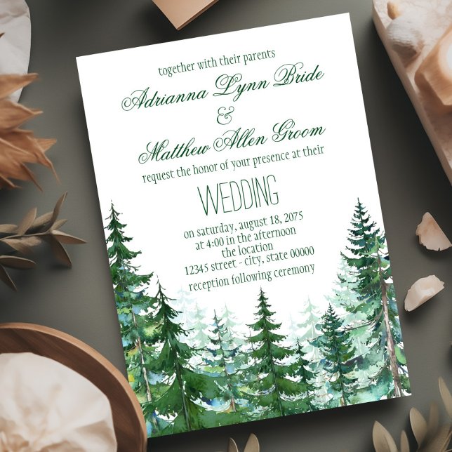 Fir Tree Wedding Einladung (Watercolor fir tree wedding invitations. You can add your own wording, font style and back color.)