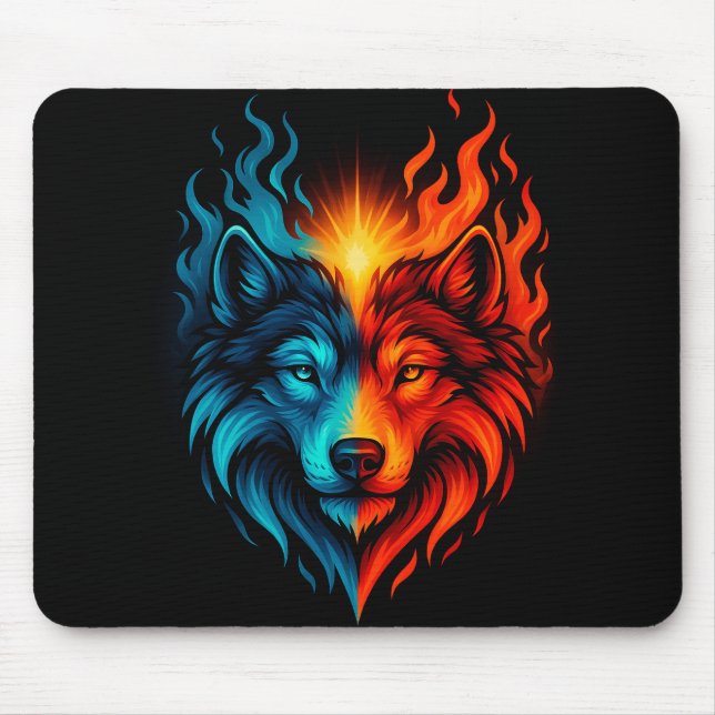 Fire and Ice Wolf – Blue Red Elemental Animal Mousepad (Vorne)