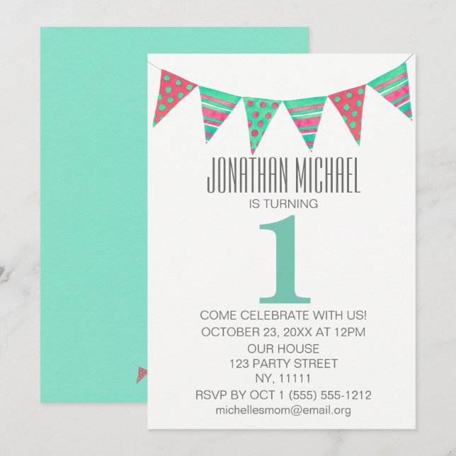 Fire Birthday Green Red Bunting Einladung (Vorne/Hinten)