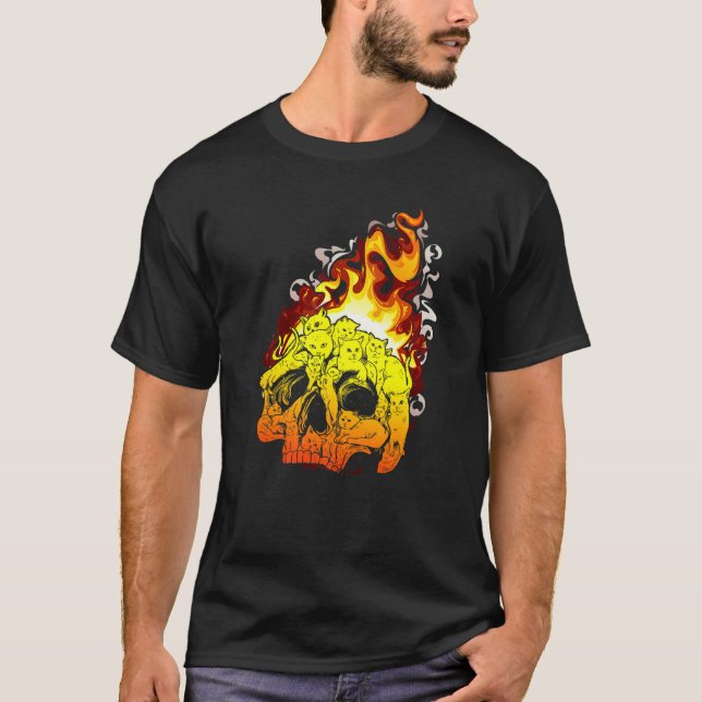 Fire Cat Burning Head Skull Head Bone Skull   T-Shirt (Vorderseite)