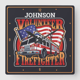 Fire Engine NAME USA Flag Volunteer Firefighter Quadratische Wanduhr