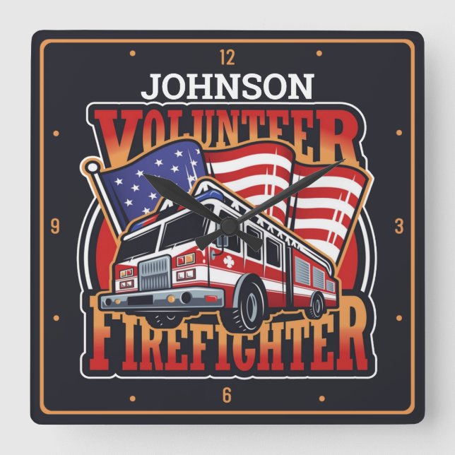 Fire Engine NAME USA Flag Volunteer Firefighter Quadratische Wanduhr (Vorderseite)