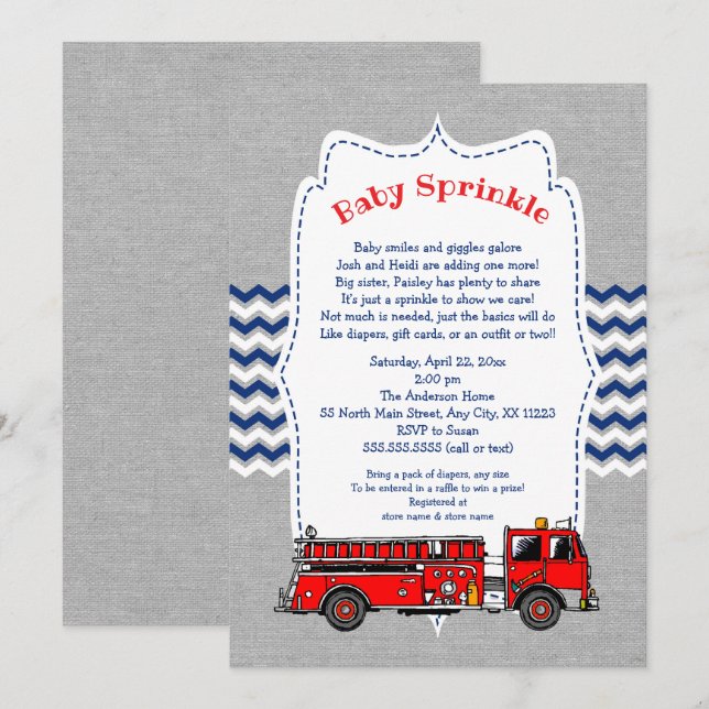 Fire Truck Baby Invitation à saupoudrer, gris mari (Devant / Derrière)