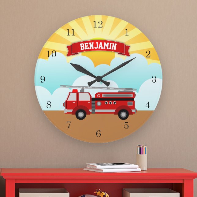 Fire Truck Firefighter Personalized Name Kids Room Große Wanduhr (Von Creator hochgeladen)