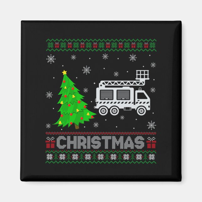Fire Truck Xmas Tree Lighting Ugly Christmas Sweat Magnet (Vorne)