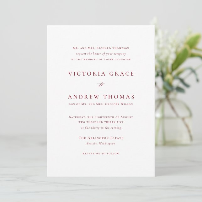 Firebrick Red Simple Typografy Formal Wedding Einladung (Stehend Vorderseite)
