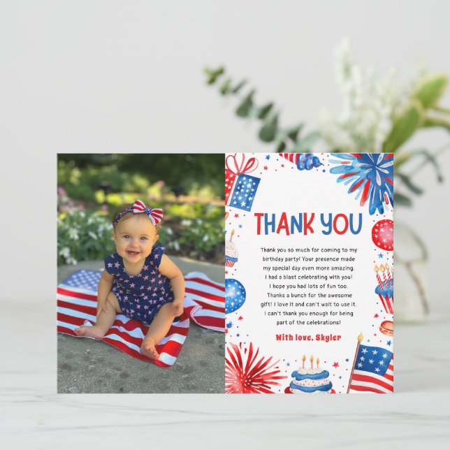 Firecracker 4 juillet Anniversaire Carte de remerc (Debout devant)