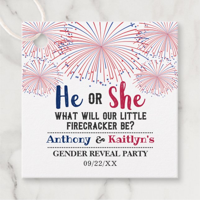 Firecracker 4. Juli Gender Reveal Party Geschenkanhänger (Vorderseite)