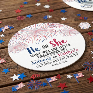 Firecracker 4. Juli Gender Reveal Party Runder Pappuntersetzer