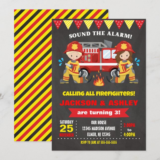 Firefighter Birthday Invitation Joint Girl Boy Einladung (Vorne/Hinten)