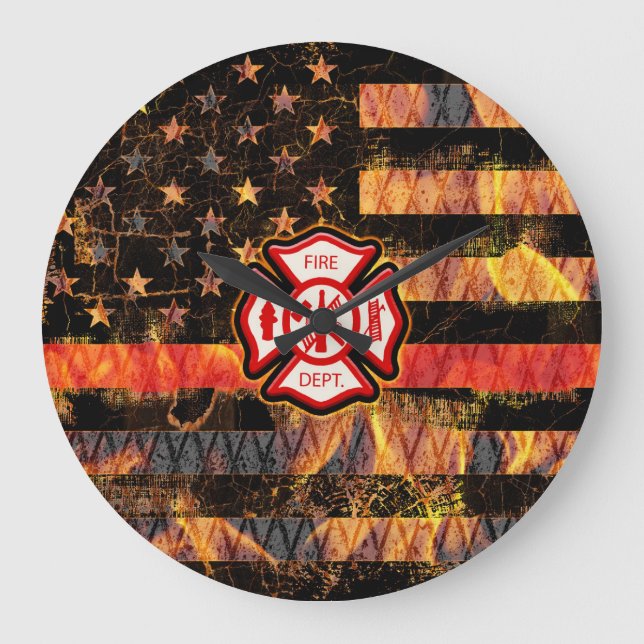 Firefighter Cross and Flames Große Wanduhr (Vorderseite)