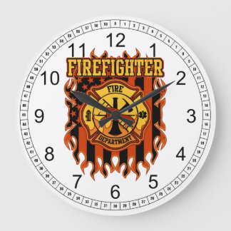 Firefighter Fire Department Badge and Flag Große Wanduhr