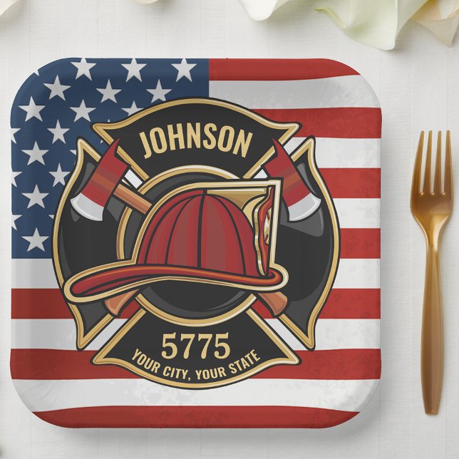 Firefighter Fire Rescue Department USA Flag Custom Pappteller (Von Creator hochgeladen)
