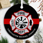 Firefighter Maltese Cross Personalized Fireman Ornament Aus Metall<br><div class="desc">Personalized Thin Red Line Maltese Cross Firefighter Ornament - modern black red and silver design . Personalize with fire departments, firefighter name, or your text. This personalized firefighter ornament is perfect for fire departments, fire service, or as a memorial keepsake, christmas gifts or stocking stuffers. Order these firefighter ornaments bulk...</div>
