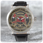 Firefighter NAME Fireman Fire Department USA Flag Armbanduhr<br><div class="desc">Firefighter NAME Fireman Fire Department USA Flag design - Emblem with Red Helmet and Axe. Customize with your Name,  Station/Dept Number and location.</div>