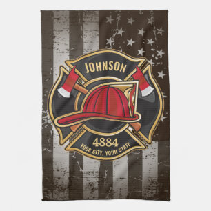 Firefighter NAME Fireman Fire Department USA Flag Geschirrtuch