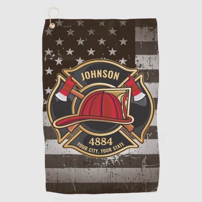 Firefighter NAME Fireman Fire Department USA Flag Golfhandtuch (Vorderseite)