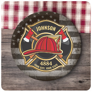 Firefighter NAME Fireman Fire Department USA Flag Pappteller