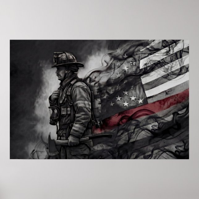 Firefighter Red Line Tribute Smoke American Flag Poster (Vorne)