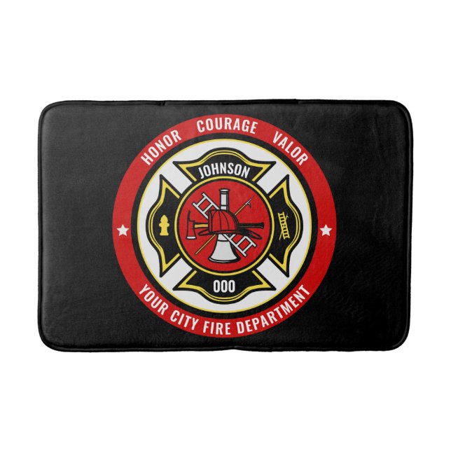 Firefighter Rescue ADD NAME Fire Department Abzeic Badematte (Vorderseite)