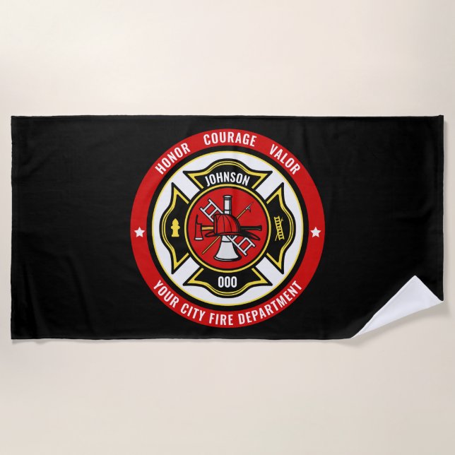 Firefighter Rescue ADD NAME Fire Department Abzeic Strandtuch (Vorderseite)