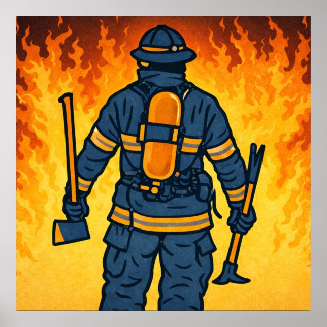 Firefighter Standing Against the Flames Poster (Vorne)