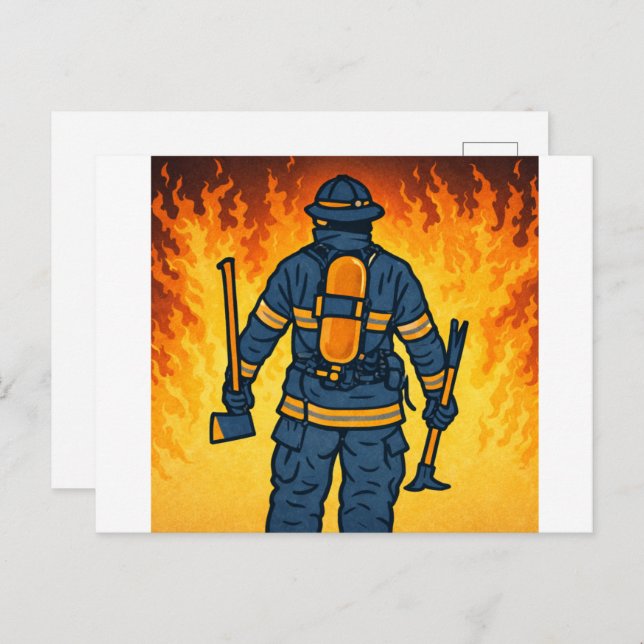 Firefighter Standing Against the Flames Postkarte (Vorne/Hinten)