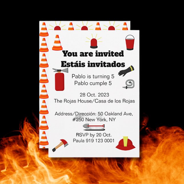 Firefighter-Thema Bilingual Birthday Boy Party Einladung (Bilingual Firefighters Birthday party invitation for boys. Multilingual Project.)
