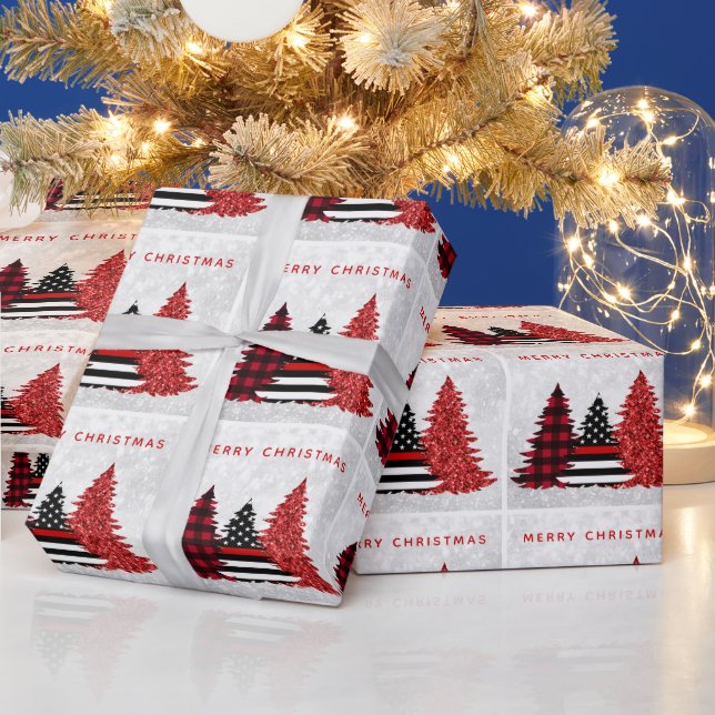 Firefighter Weihnachts-Rote Linie Karierter Glitze Geschenkpapier (Feiertage)