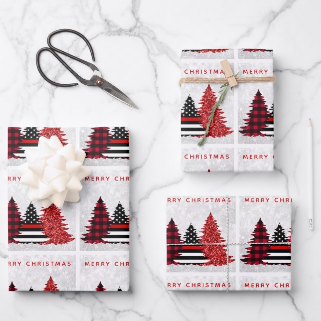 Firefighter Weihnachts-Rote Linie Karierter Glitze Geschenkpapier Set (Vorderseite)
