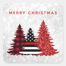 Firefighter Weihnachtsbaum Red Line Karierter Glit Quadratischer Aufkleber