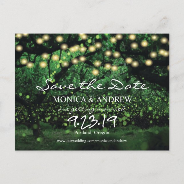 Firefly Lights Forest Save the Date Postkarte (Vorderseite)