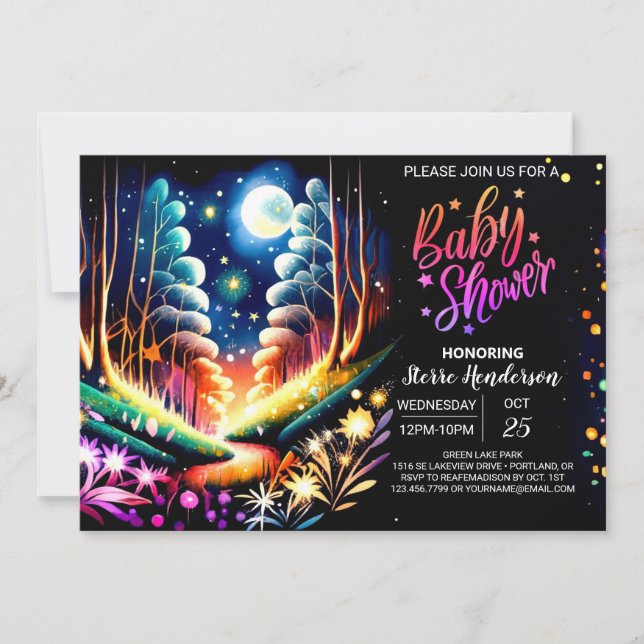 Firefly-Verzauberung Woodland-Babydusche Einladung (Vorderseite)