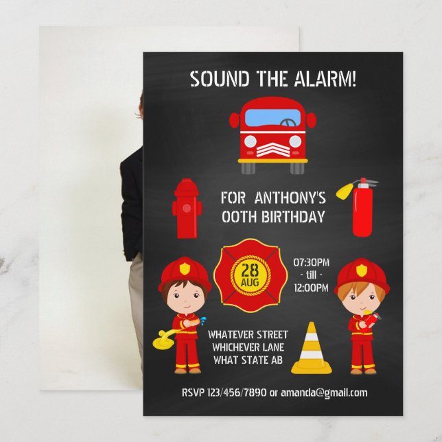 Fireman Birthday Chalkboard - Fotoeinladung Einladung (Vorne/Hinten)