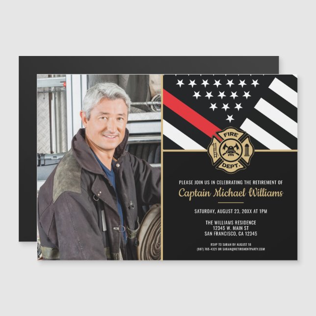 Fireman Photo Red Line Flag Firefighter Retirement Magneteinladung (Vorne/Hinten)