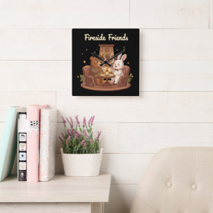 Fireside Friends Niedlicher Bär und Kaninchen Cozy Quadratische Wanduhr