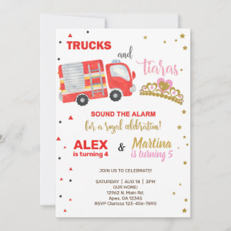 Firetruck and tiaras siblings birthday invite. einladung