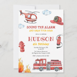 Firetruck Firefighter Kids Birthday Invitation Einladung